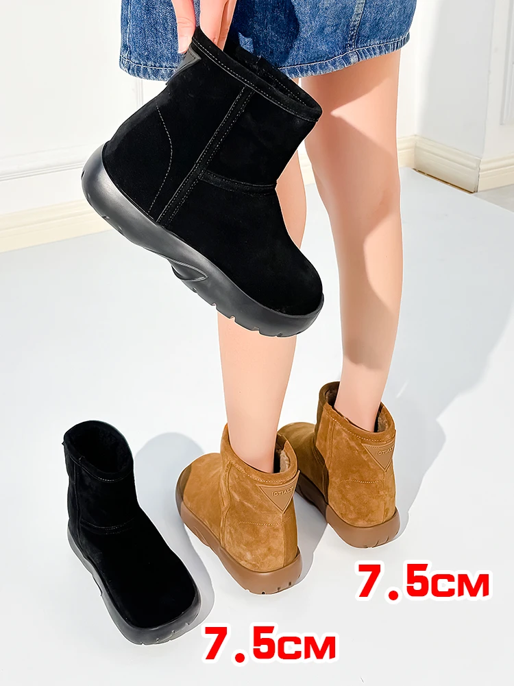 

Women Snow Boots 7.5cm Increasing Shoes Warm Wool Snow Boots Winter Brown Short Boots Female Cow Suede Ankle Boots Black