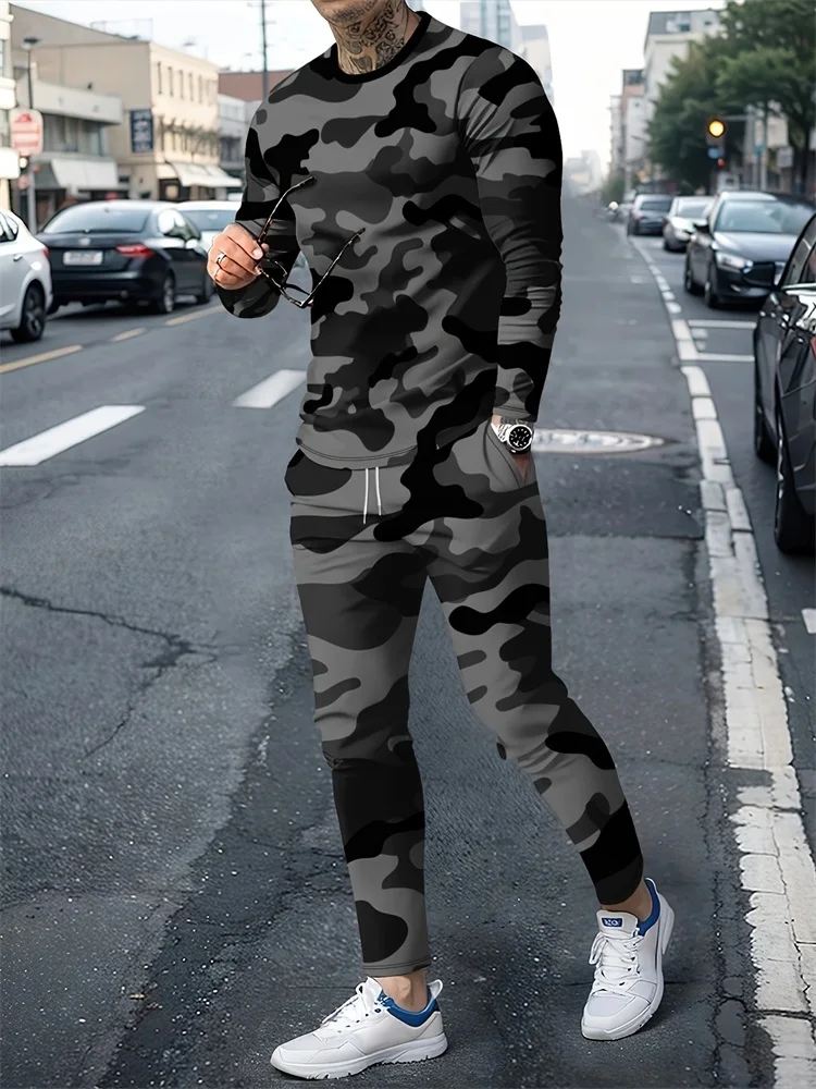 Artificial Leaf Camouflage Printed Men\'s Sets Spring/Autumn Daily Casual Men\'s Long-sleeved T-shirt Outdoor Street Men\'s Pants