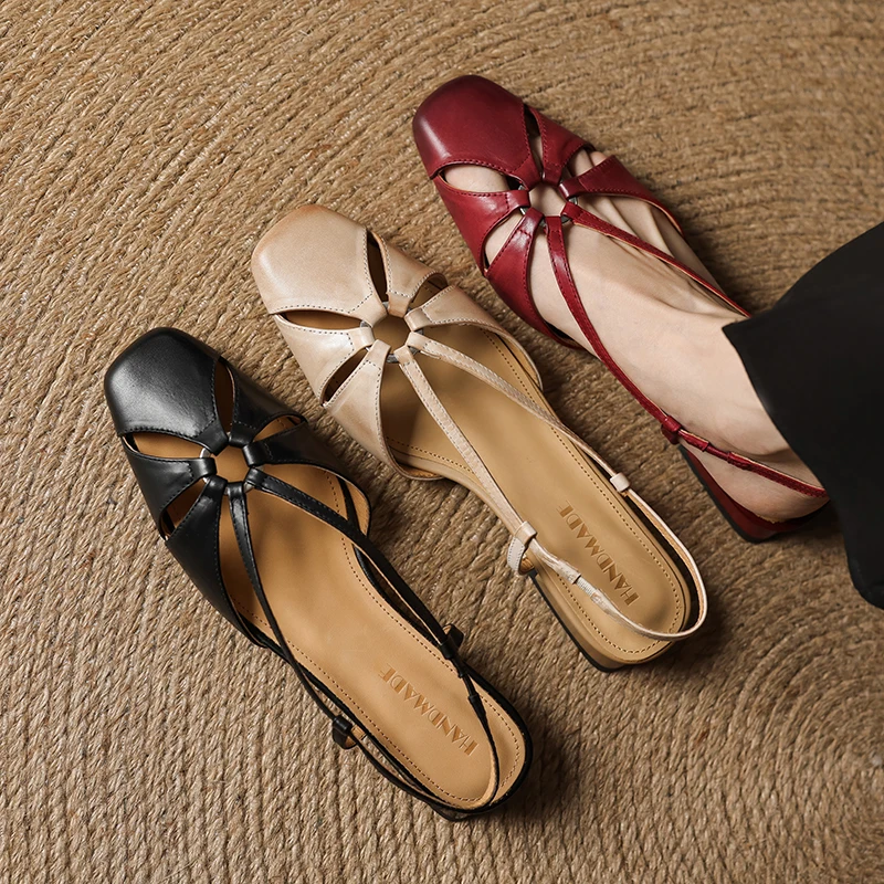 2026 new summer women sandals natural leather 22-25cm cowhide+pigskin square toe hollow-out back-strap thick heel women shoes