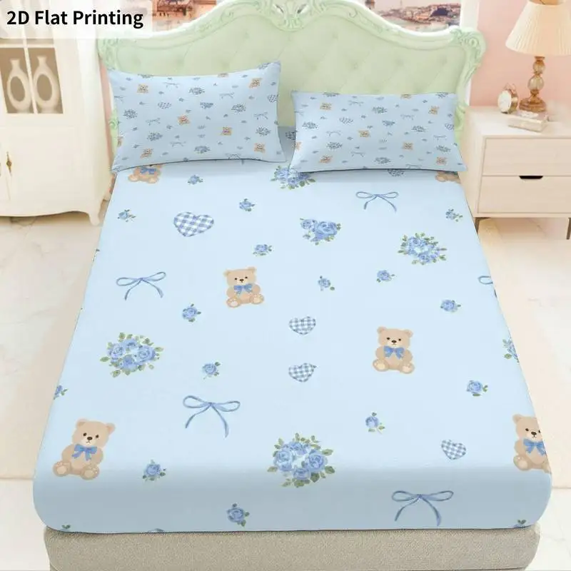 3Pcs Bearfloral Fitted Sheet Three Piece Set (1*Fitted Sheet + 2*Pillowcases, Coreless), Bedding Set