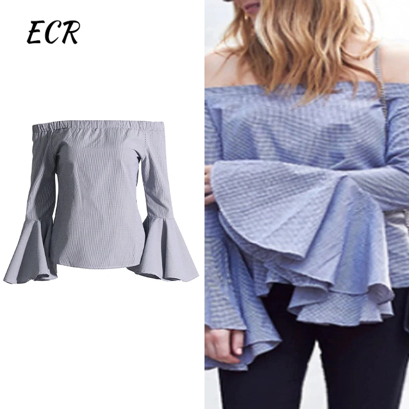 

ECR Hit Color Plaid Printing Casual T Shirts For Women Slash Neck Flare Sleeve Patchwork Ruffles Minimalist Loose Blouses Female