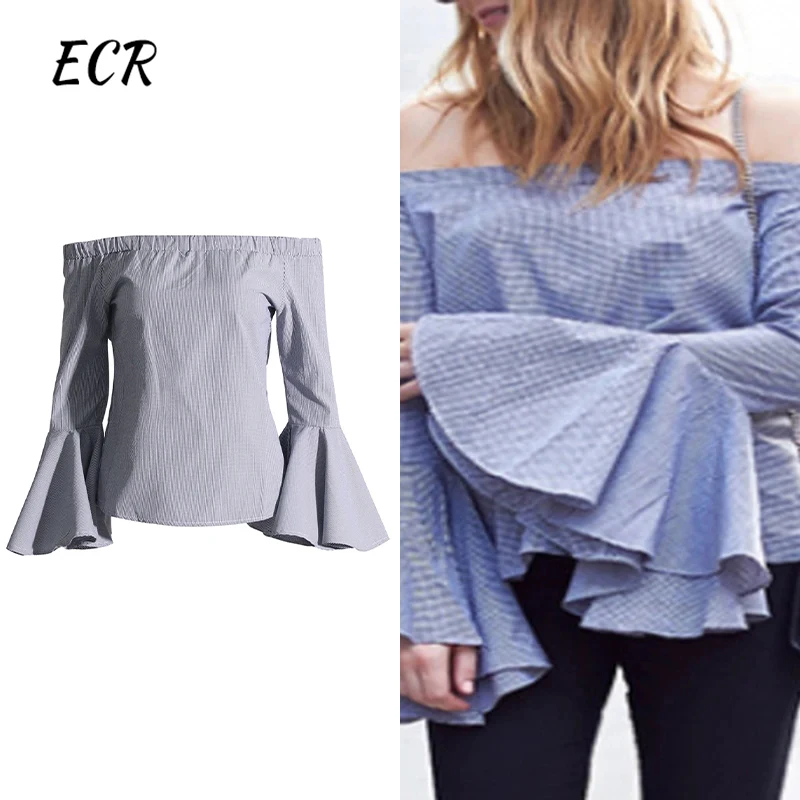 ECR Hit Color Plaid Printing Casual T Shirts For Women Slash Neck Flare Sleeve Patchwork Ruffles Minimalist Loose Blouses Female