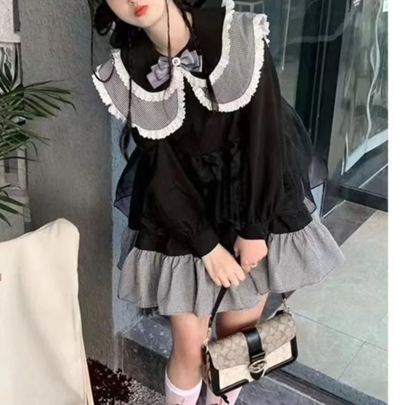 

Korean Style Fashion Sweet Black Doll Collar Mini Dress Spring Autumn Long Sleeve Loose Casual Cute College Fluffy Women Dresses