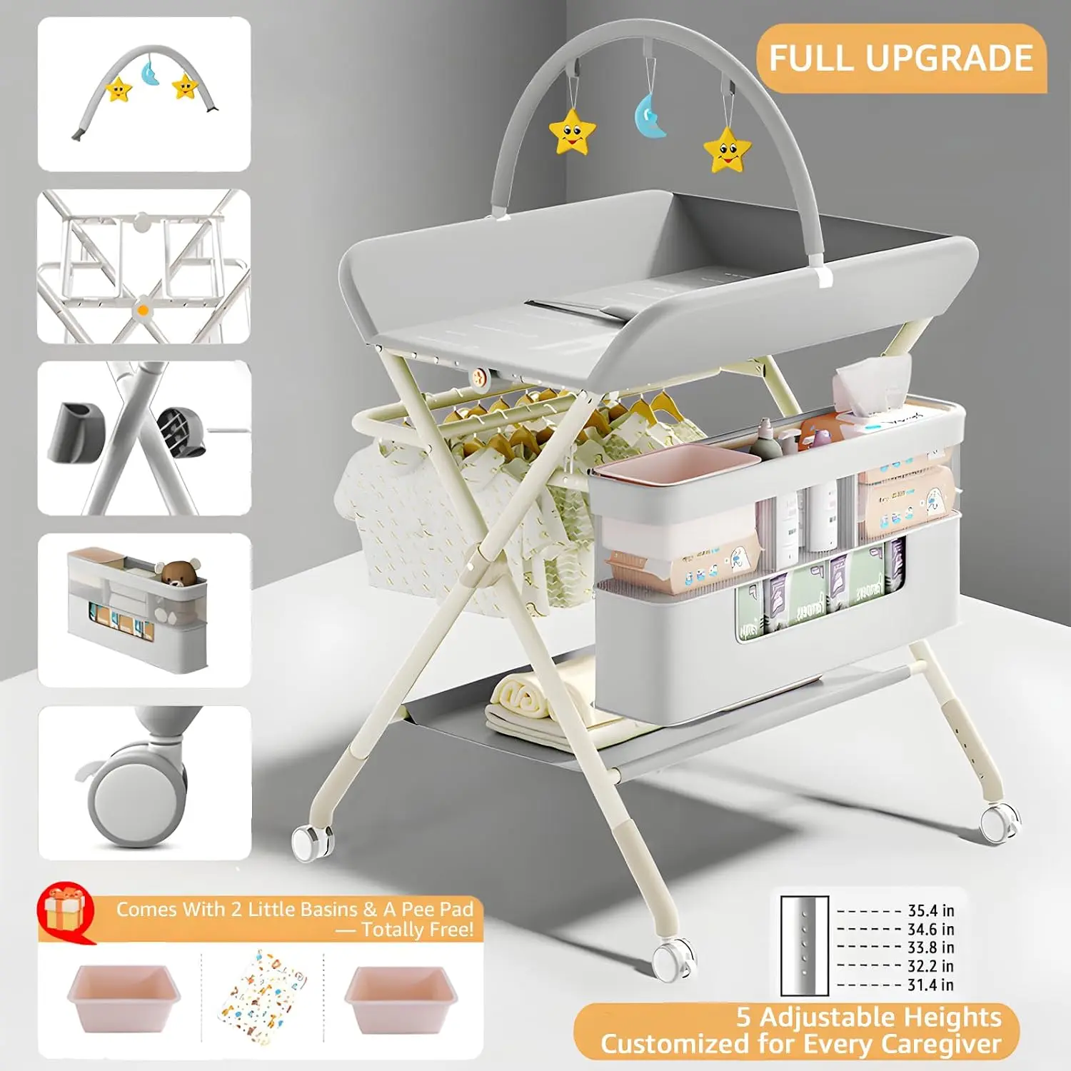 Changing Table, Portable Baby Changing Table with Wheels, Upgraded Foldable Diaper Changing Station with 5-Level Adjustable Heig