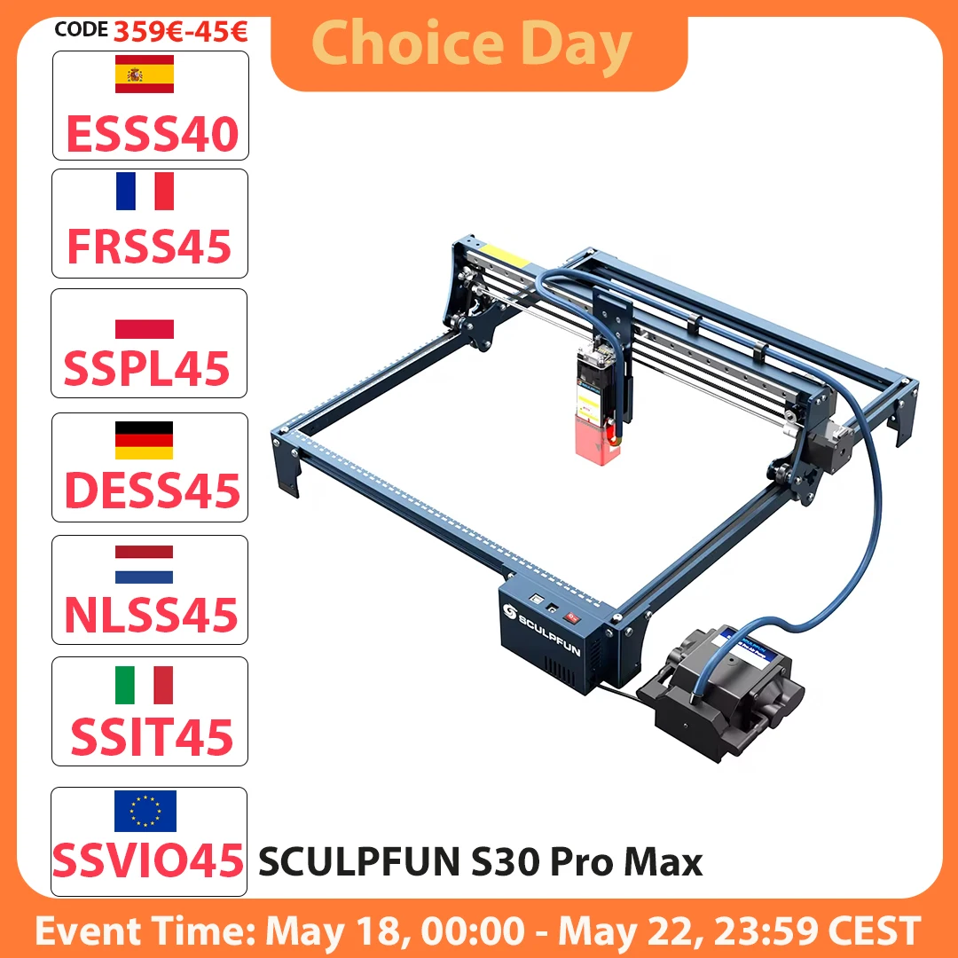 Graveur et découpeur laser SCULPFUN S30 Pro Max 20W, assistance pneumatique automatique, mise au point laser, carte mère 32 bits, lentille remplaçable, laser