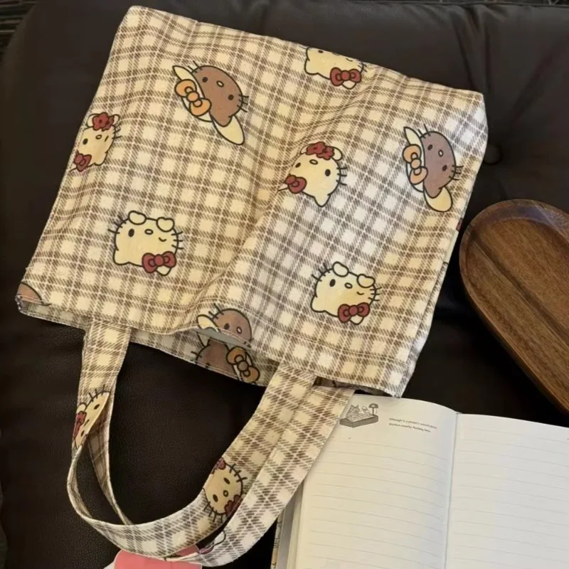 MINISO Hello Kitty Handbag Cute Printed Canvas Shoulder Bag Autumn Winter Vintage Brown Checkered Large Capacity Commuter Bag