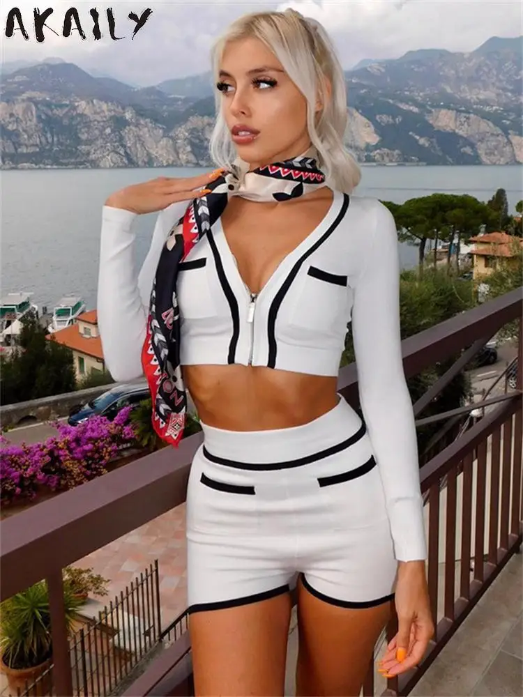 

Akaily Fal Fashion Sexy White Crop Top 2 Two Piece Short Set Street Casual Clothing For Woman 2023 Bodycon Long Sleeve Short Set