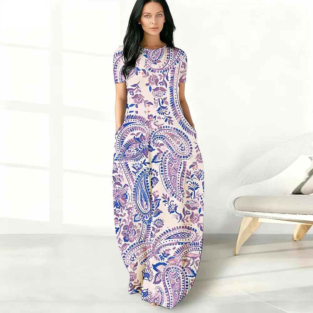 البوهيمي بيزلي ثلاثية الأبعاد طباعة فستان خمر العرقية نمط الجمالية المرأة مزاجه فساتين عادية تنفس شاطئ فستان طويل