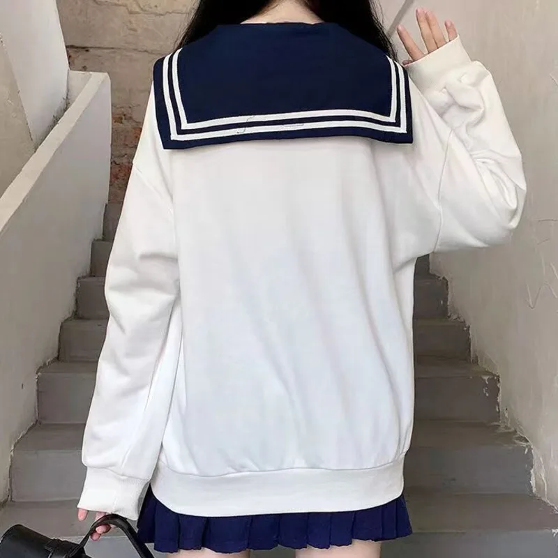 Japanese Preppy Style JK Student Teen Girl Casual Sweatshirt Patchwork Sailor Collar Cartoon Print Kawaii Hoodies Bestie Clothes