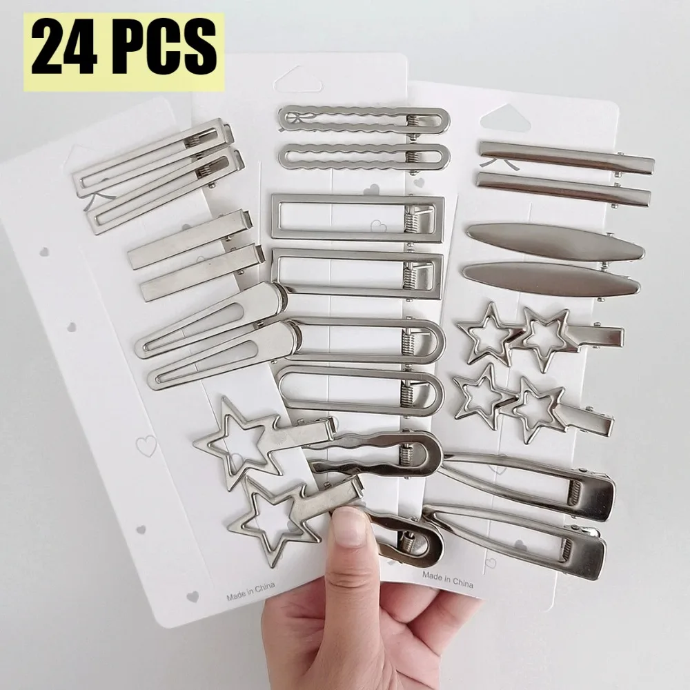 

8/24Pcs Y2K Silver Metal Hairpins for Women Girls Star Hair Clip Multiple Styles Seamless Duckbill Clip Girls Hair Accessoires