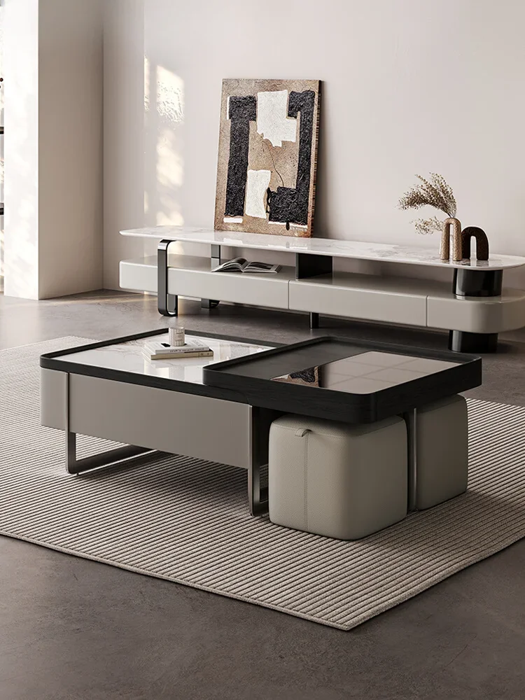 

Italian minimalist rock slab medium and ancient style square coffee table household small apartment telescopic belt stool