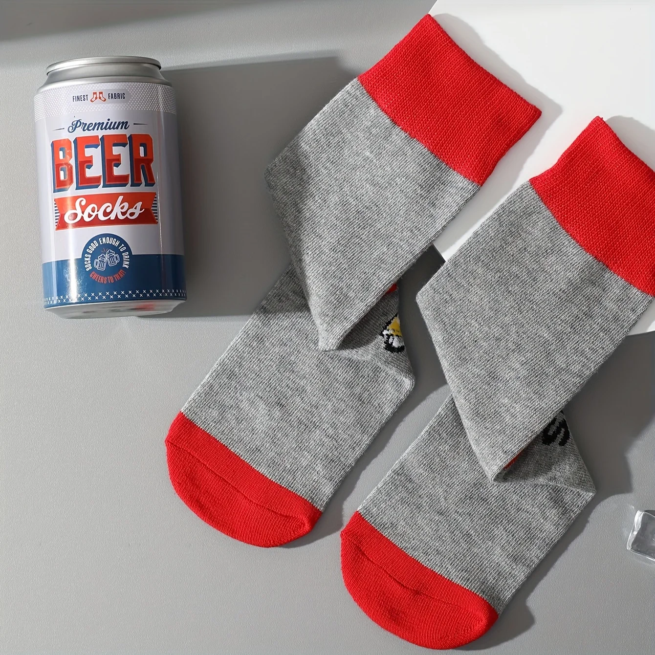 1 pair of stylish, unique and interesting beer can pattern gift socks for men and women, suitable for all seasons