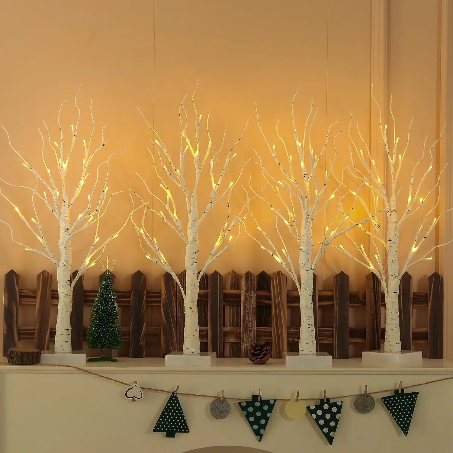 

4 упаковки 2 фута березы с подсветкой на батарейках и теплыми белыми огнями для внутреннего рождественского декора