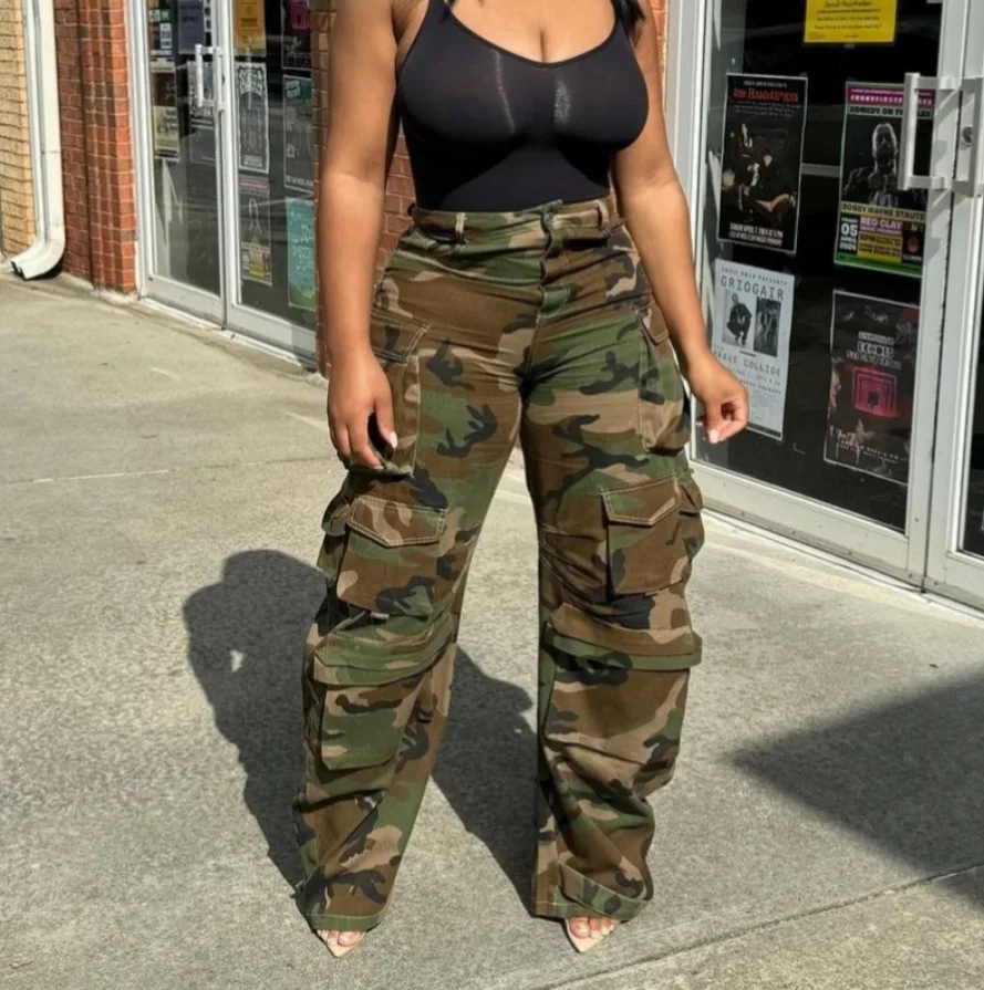 Women Pants Camo Capris Pocket Button Full Length Zipper Fly Waist Slight Strech Straight Pants Loose Fit Streetwear 2025 Spring