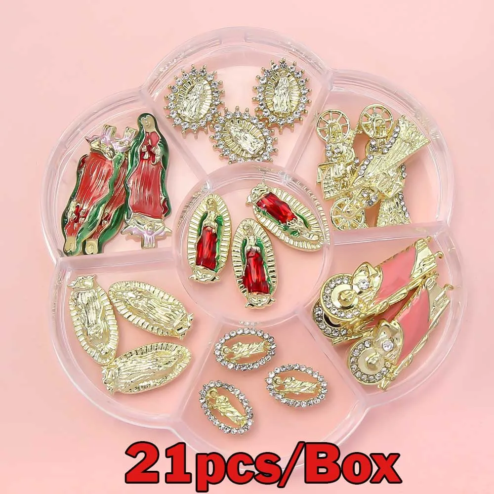 21pcs/Box Alloy Virgin Mary Gemstone Rhinestone Nail Charm Luxury Shiny Crystal 3D Jesus San Judas DIY Manicure Tips Decoration