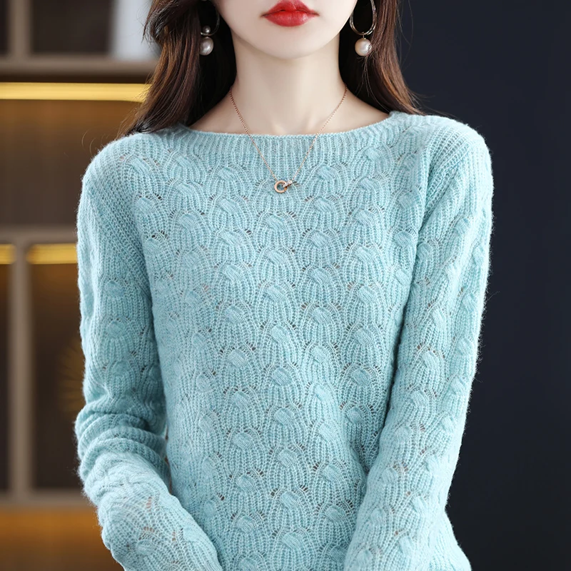 One Word Collar Hollow Languid Lazy Wind Pure Wool Long-Sleeved Sweater For Women Autumn New Pullover Knitted Cashmere Sweater