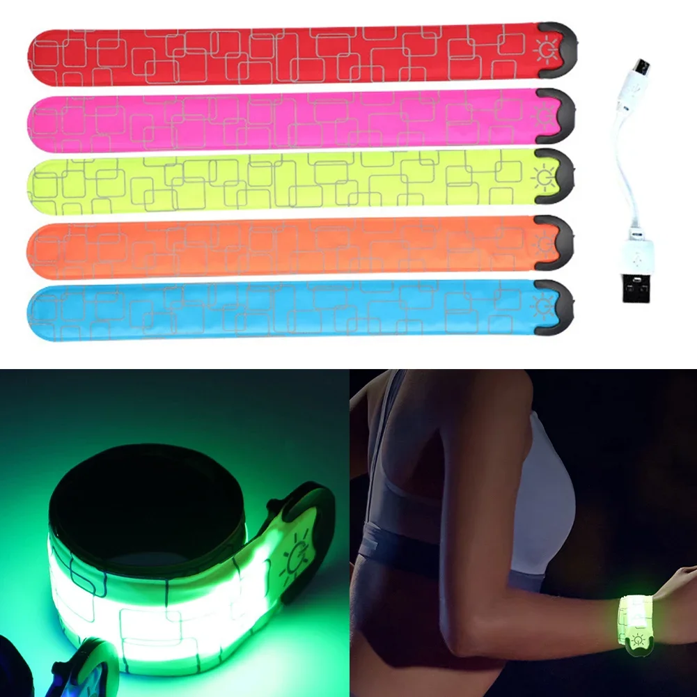 Brazalete LED recargable, correa de palmada, pulsera reflectante de alta visibilidad para ciclismo nocturno, correr, correa de muñeca deportiva luminosa