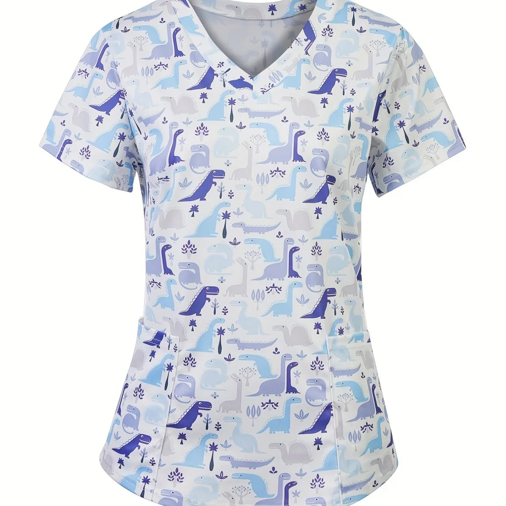 Uniformi chirurgiche Donna Adorabile animale Cartoon Stampa Veterinario Infermiera Top Moda Scollo a V Manica corta T-shirt Uniforme medica per le donne