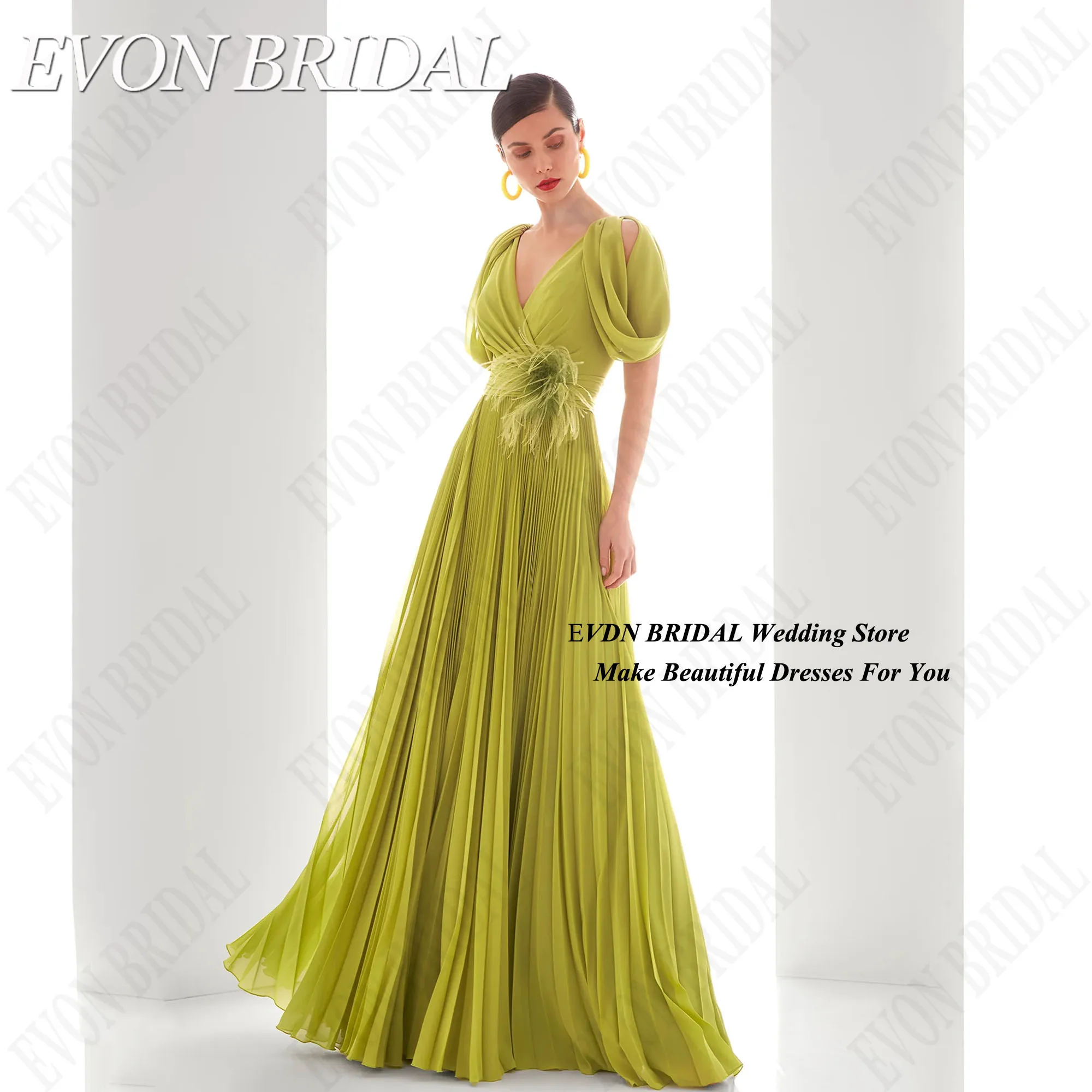 EVON BRIDAL Long Chiffon Party Evening Dress V-Neck A-Line Pleat Formal Occasion Gown Backless Simple Robes De Soirée Customized