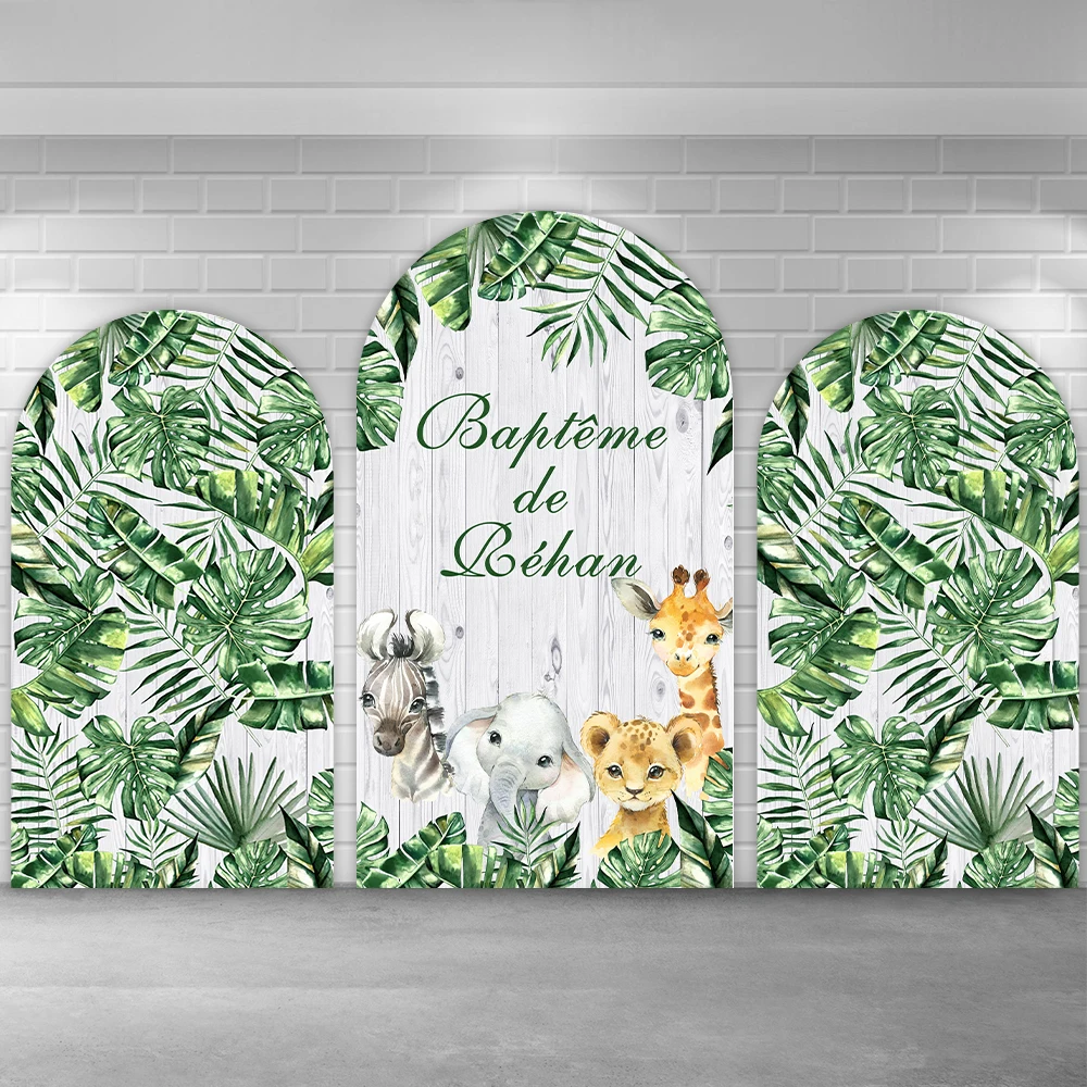 

Greenery Safari Baby Shower Arched Chiara Backdrop Cover Cartoon Animals Wood theme Birthday Party Background Banner