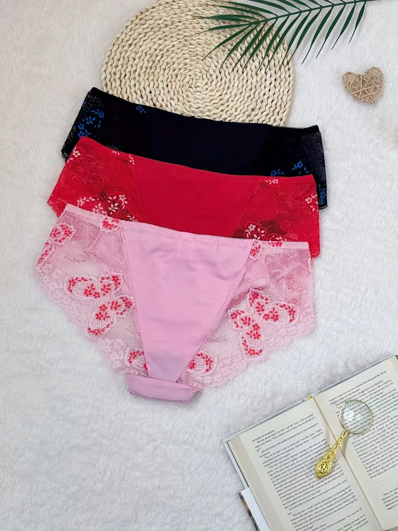Calzoncillos de encaje sexy para mujer, talla grande, paquete de 3 unidades, con lazo, diseño floral, tejido de malla, suaves, cómodos, ideales para el uso diario.