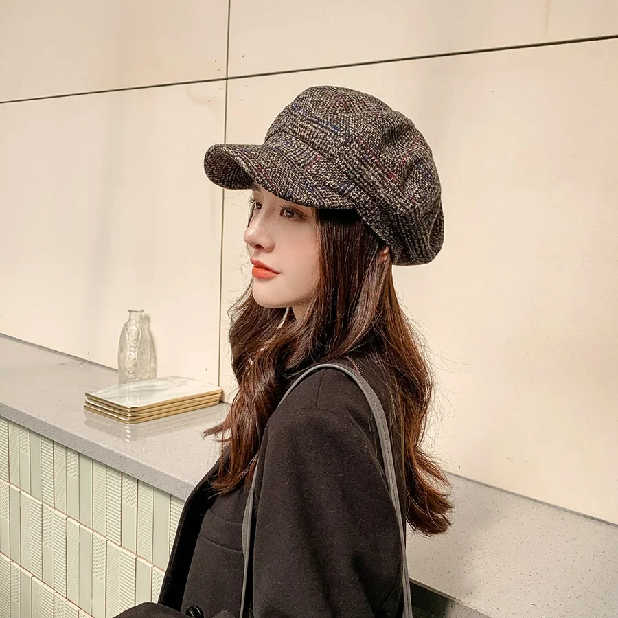 Vintage achteckige Baskenmütze für Damen, Zeitungs jungen hut, lässige Woll imitation, Plaid, neue Mode, 2024 – Detail 15