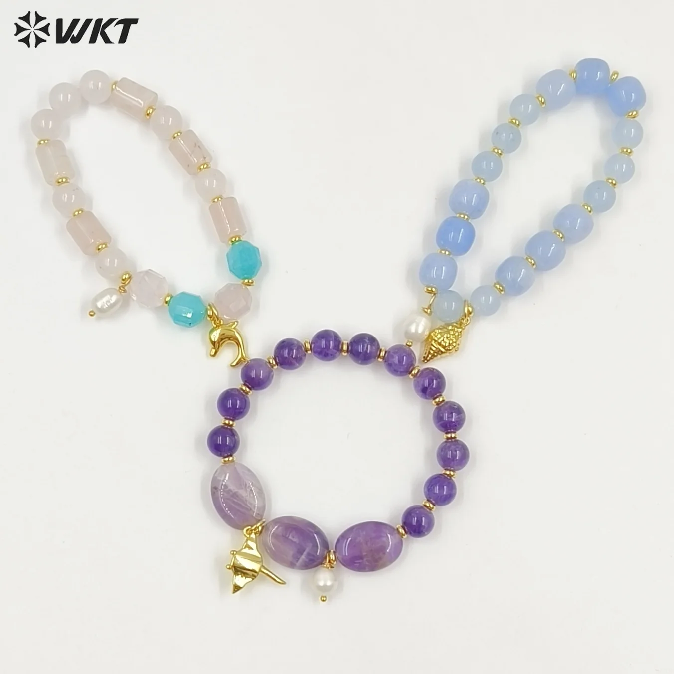 

WT-B712 Beautiful Natural Gemstones Beads With Little Pearl And Shell Star Charms Gold Bracelets As Fashion Jewelry Accessory