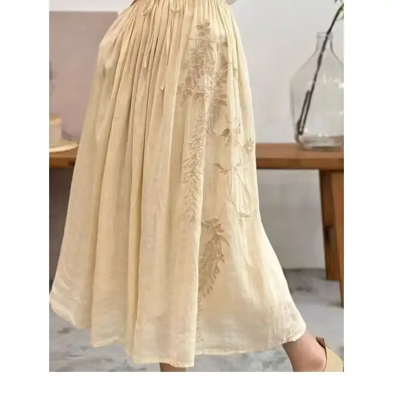 Yellow Embroidered A-Line Midi Skirt Bohemian Style Loose Fit Natural Waistline Spring Summer Office Wear
