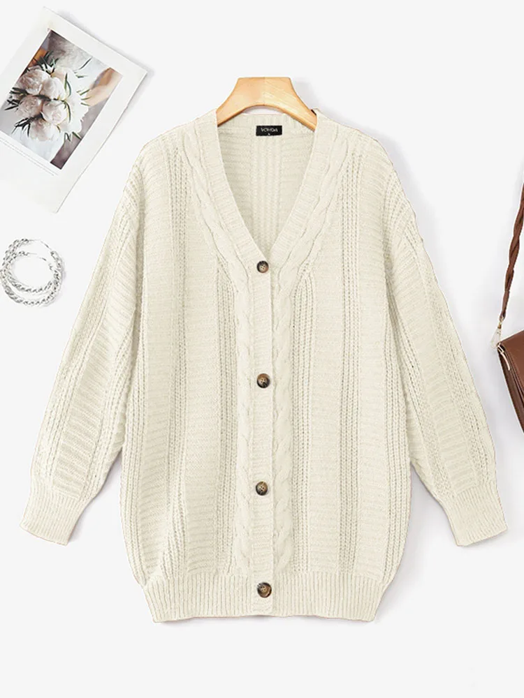 

Осень 2024, свитера с глубоким v-образным вырезом, модный вязаный кардиган, однотонные джемперы с длинными рукавами, VONDA, женские повседневные свободные вязаные джемперы