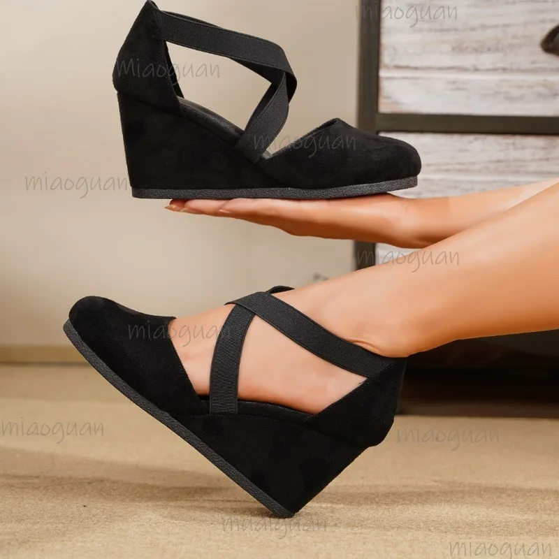 

Female Black Suede Cross Strap Wedge Pumps Women's Elastic Ankle Strap Platform Shoes Comfortable Casual High Heel Wedge Sandals