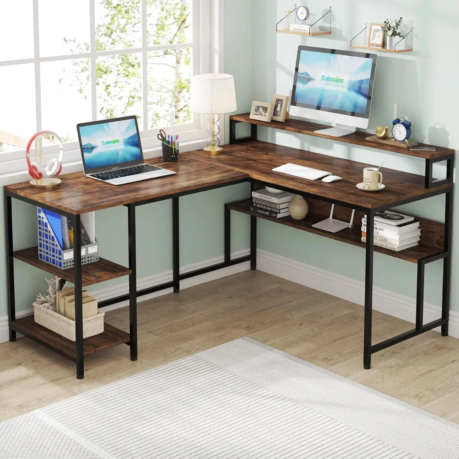 

L Shaped Desk With Shelves, 59"" Large Corner Computer Desk With Monitor Shelf, Reversible Home Office Desk With Bookshelf And