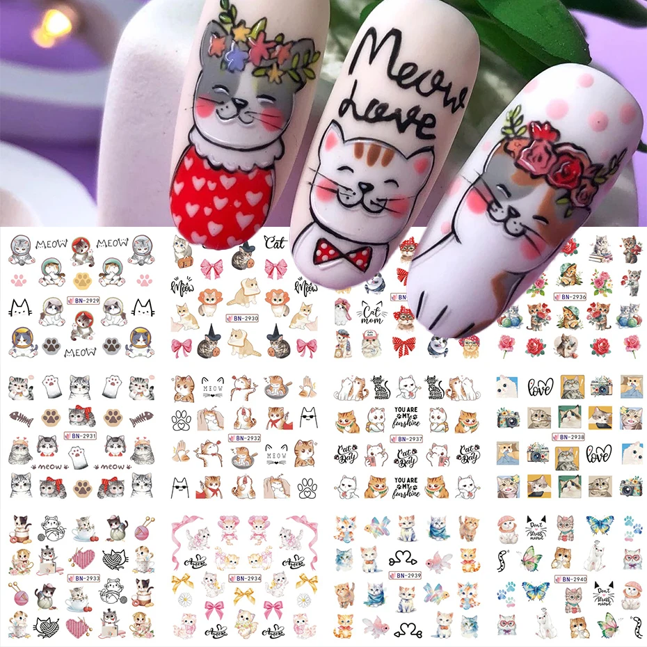 12種類の可愛い漫画風動物ウォーターネイルステッカー、カワイイ猫の漫画柄ネイルデカール、ネイルアートデコレーションDIYに最適
