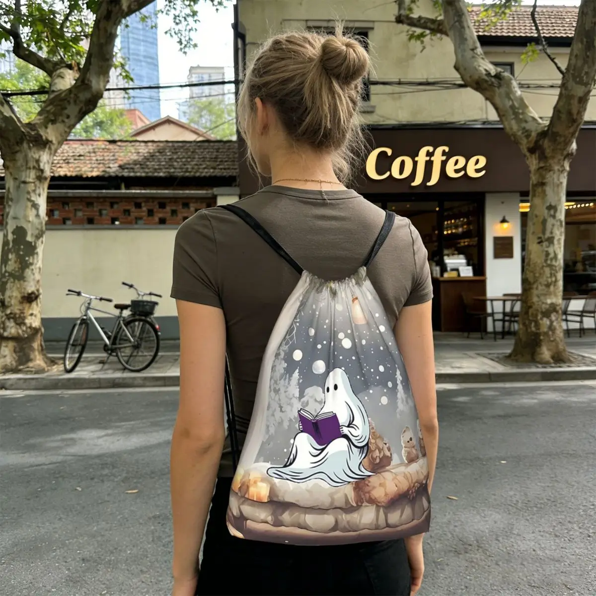 Cartoon Ghosts Reading A Book Under Trees Backpacks Casual Drawstring Bags Sports Bag Book Bags for Travel School