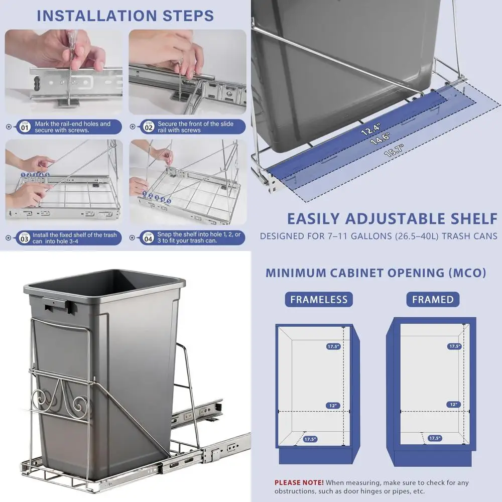 

Kitchen Cabinet-Mounted 7-11 Gallon Pull-Out Trash Bin, Fits 12x17.5x17.5 Opening