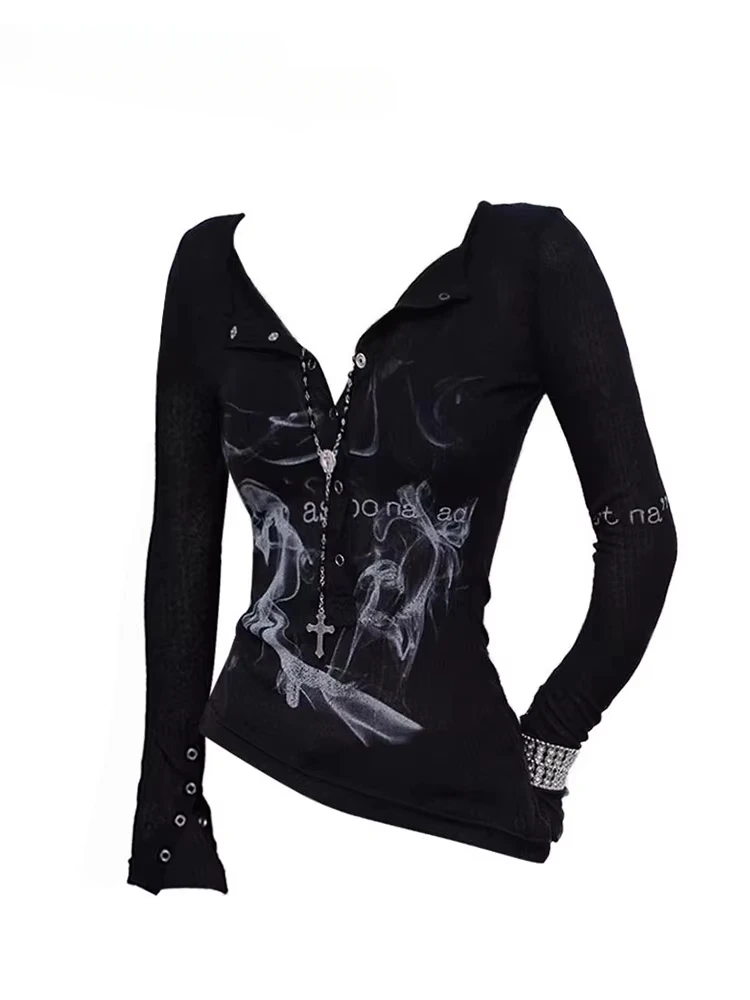 HOUZHOU 여성용 고딕 Y2k 섹시 티셔츠, 블랙 빈티지 하라주쿠 펑크 긴팔 상의, 코케트 스트리트웨어, 2000 년대 그런지 티셔츠