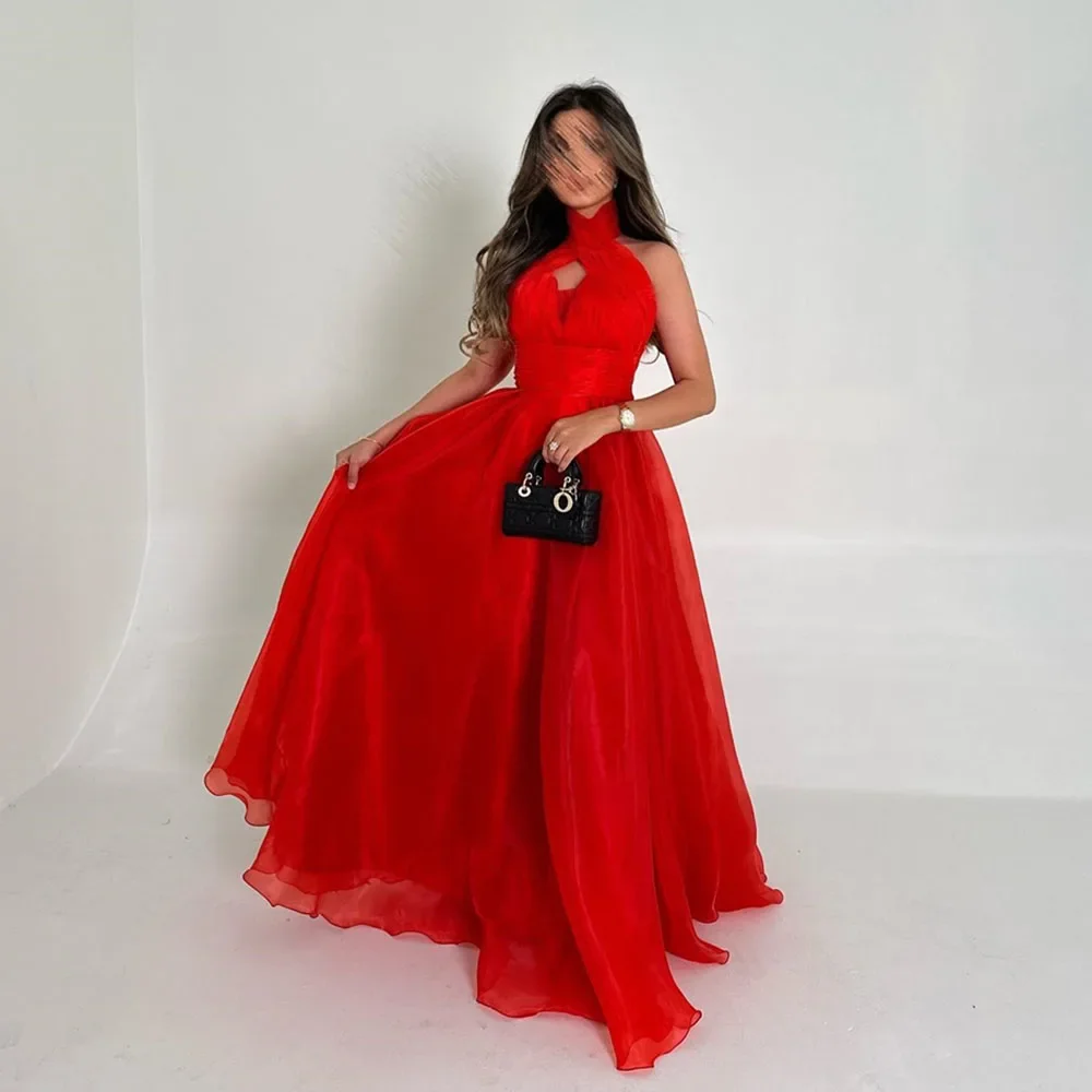 Customized Solid Color Prom Gown High Collar Sleeveless Draped A-line Ankle-Length Evening Exquisite Quality Party Dresses Women