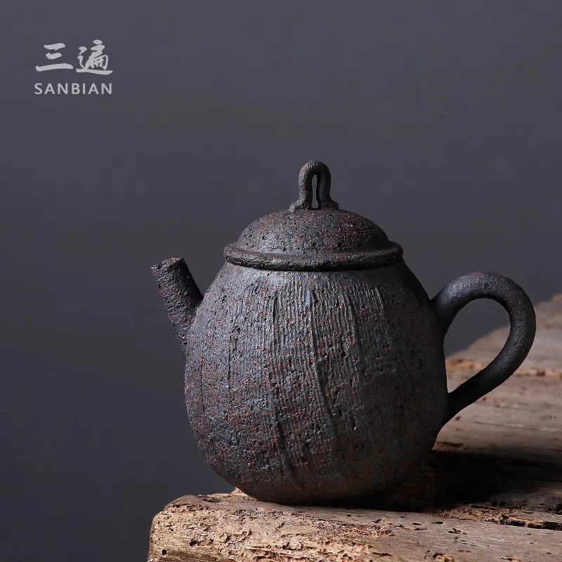 [ Unique Handmade ] Japanese Teapot, Coarse Pottery Tea Maker, Kung Fu Household Iron Tire Ball Hole Single Pot