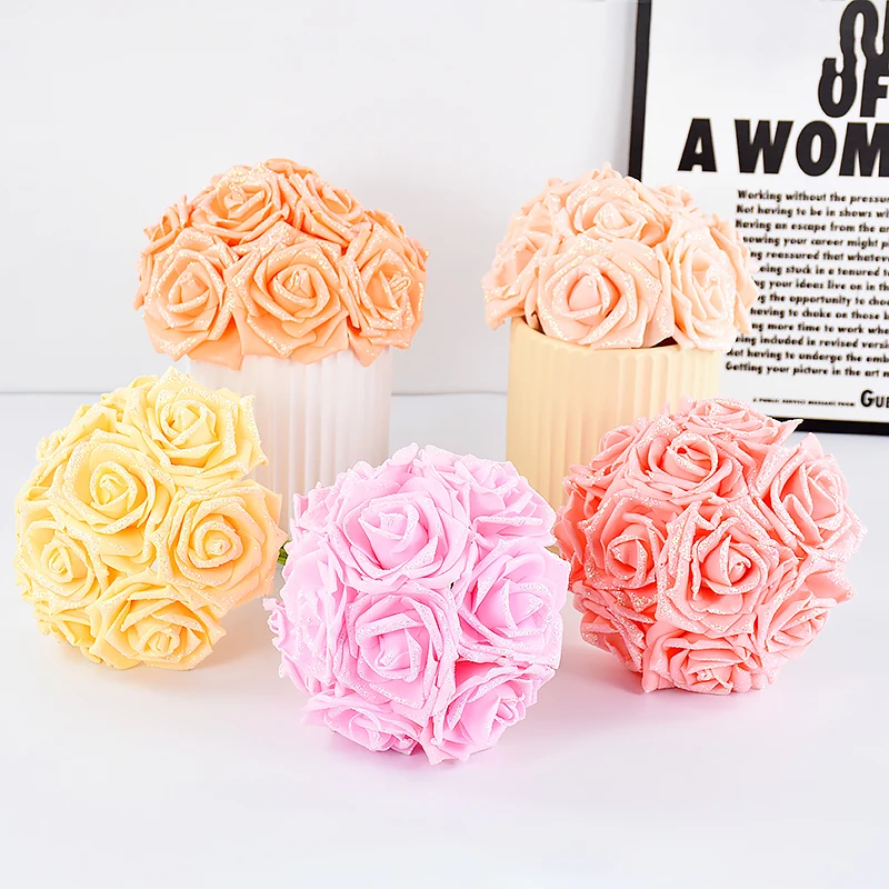 Artificial Rose Flowers Bouquets Glitter Rose Home Decor Wedding Bride Party Decorations Photo Props Cosplay Tools Fake Bouquets