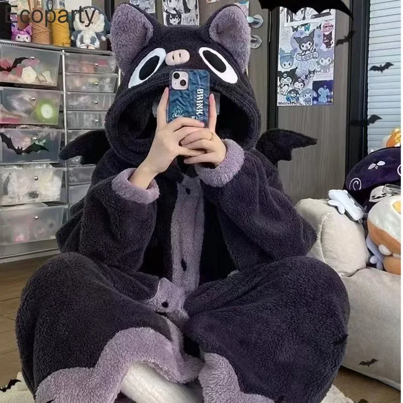 Kawaii Cartoon Bat Plush Pajamas Anime Cloak Sleepwear Costume Halloween Cloak For Adults Winter Pajamas Women Y2k Blanket Cape