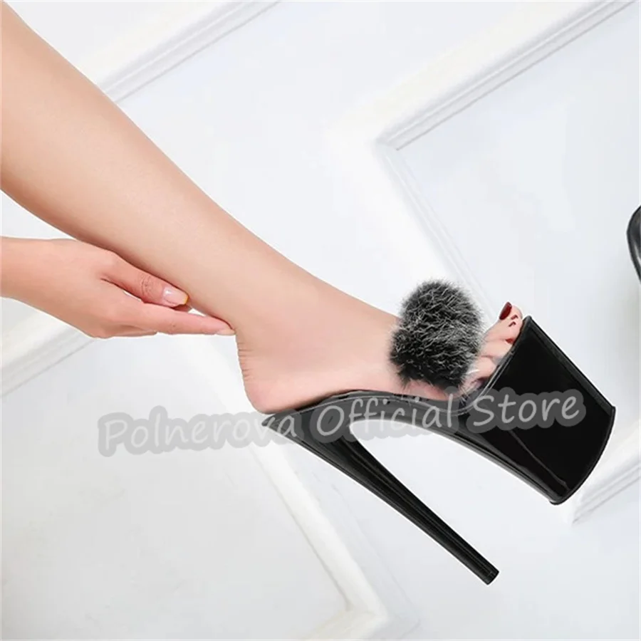 

Furry Splicing Transparent One-Strap Women Platform Sandals 20Cm High Heel Peep Toe Outside Dress Slippers Lady Pole Dance Pumps