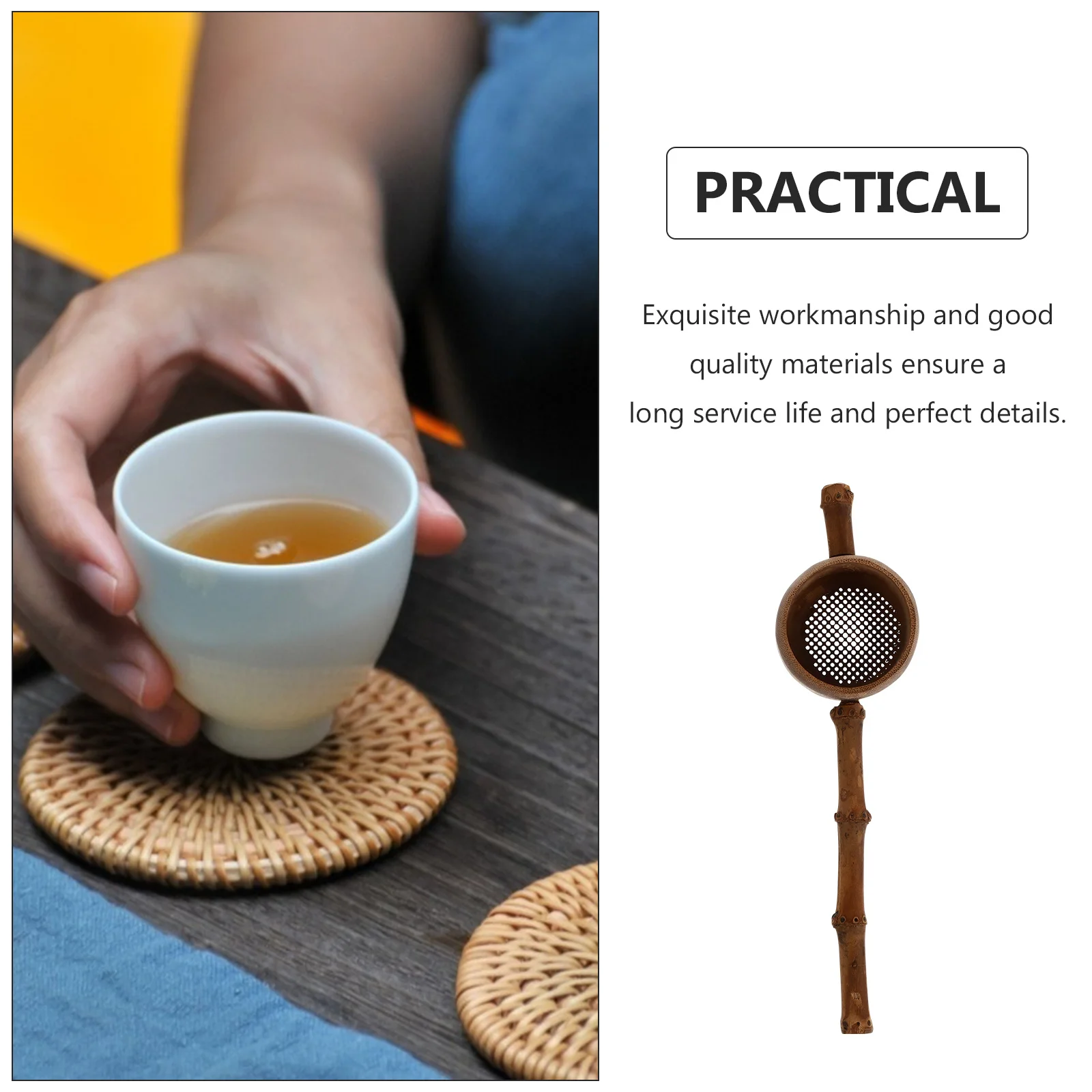 

1pc Bamboo Tea Strainer Long Handle Filter For Home Office Portable Tea Infuser Wood Color Kitchen Bar Tool
