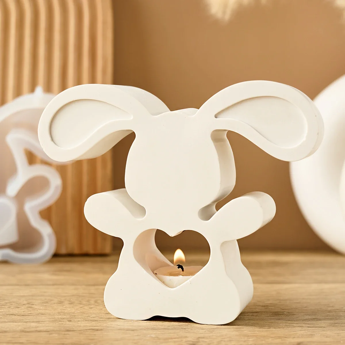 Easter Bunny Candle Holder Silicone Mold DIY Handmade Cute Rabbit Tea Wax Candlestick Stand Gypsum Concrete Craft Mold Home Deco