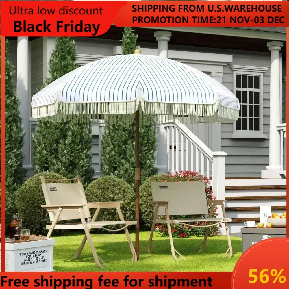 Sunshade Umbrella with Fringe, UV 50+ Protection Picnic Umbrella with Steel Pole, Ribs Push Button Tilt, 7ft Patio Umbrella