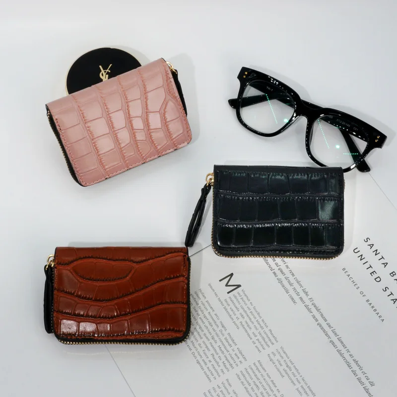 

Ladies Simple Multi-Card Card Holder Fashion Crocodile Pattern Organ Bag Zipper Slub Pattern Business Card Coin Purse