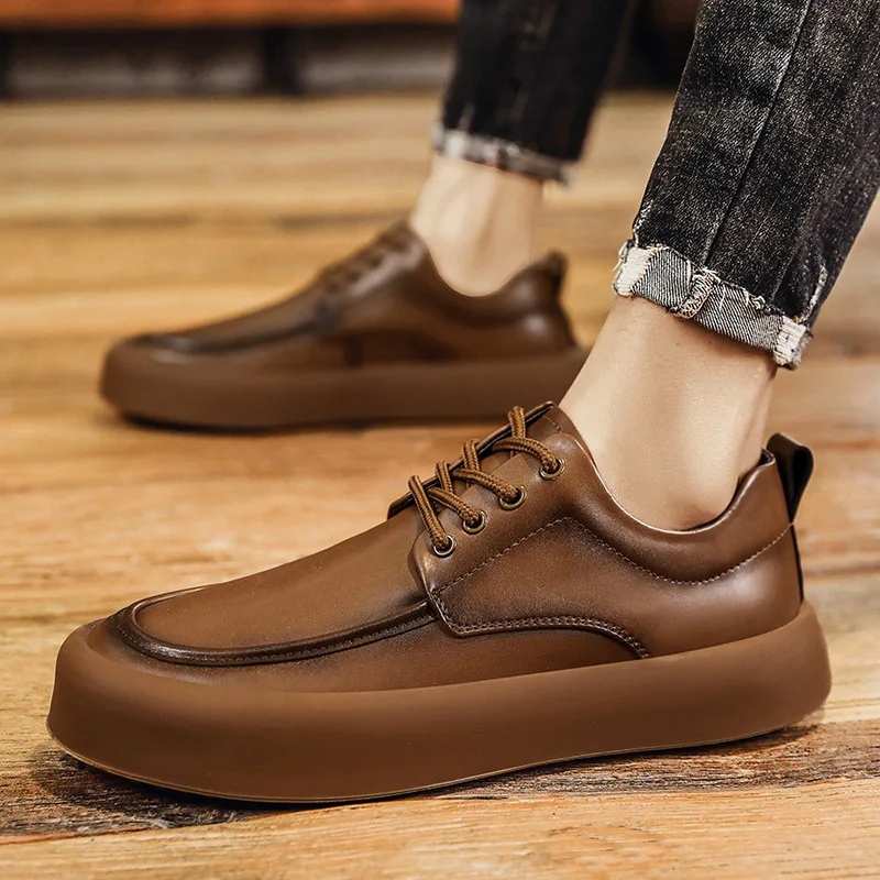 Men‘s New Genuine Leather Business Casual Shoes Spring Autumn Comfortable Chunky Sole Brown British Breathable Commuter Footwear