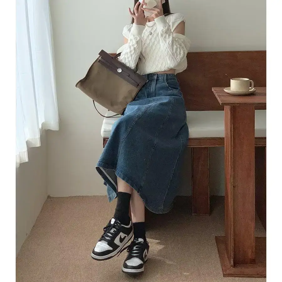 

Blue Denim High Waist A-Line Skirt Women's Autumn New Style Slimming Skirt Casual Style with Leather Material
