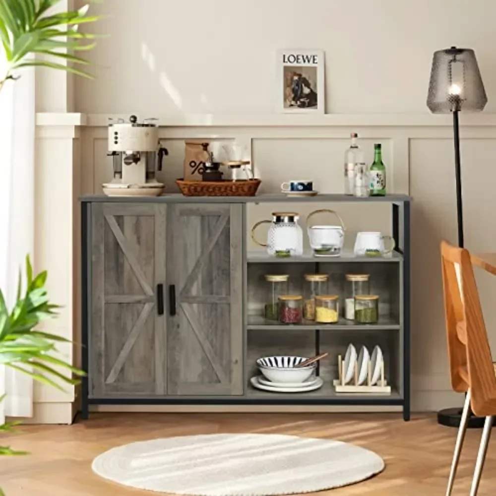 

Floor Storage Cabinet, Kitchen Buffet Cabinet with 2 Barn Doors, Industrial Sideboard with Adjustable Shelves, Buffet Sideboard