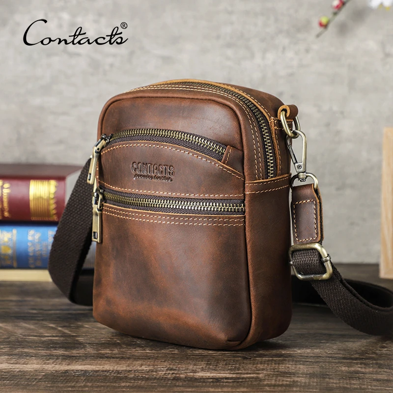 

CONTACT'S Genuine Leather Sling Phone Bags for Men Waist Packs Samll Shoulder Crossbody Bag Male Travel Bag for 6.7" Cell Phone