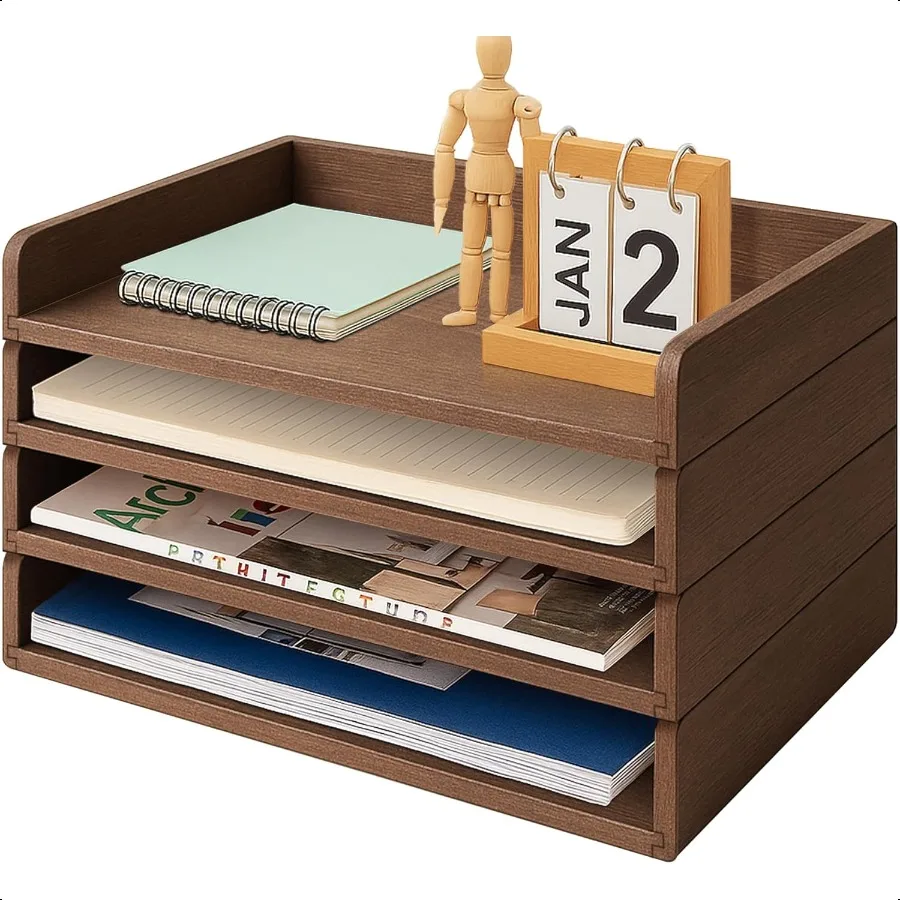 

Wooden Paper Tray Organizer for DeskStackable Paper Holder and Letter Tray 4Tier Desktop File Storage Rack for Study Home and O
