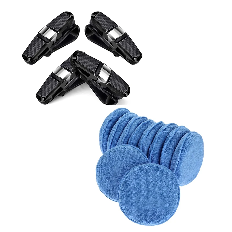 Microfiber Wax Applicator 12Pcs Car Cleaning Polish Wax Foam Sponge Blue & 4 Packs Glasses Holders For Car Sun Visor